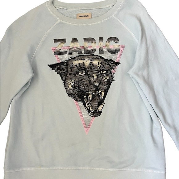 ZADIG & VOLTAIRE SEQUINS TIGER HEAD SWEATSHIRT LIGHT BLUE  SIZE 14/S - Picture 9 of 9